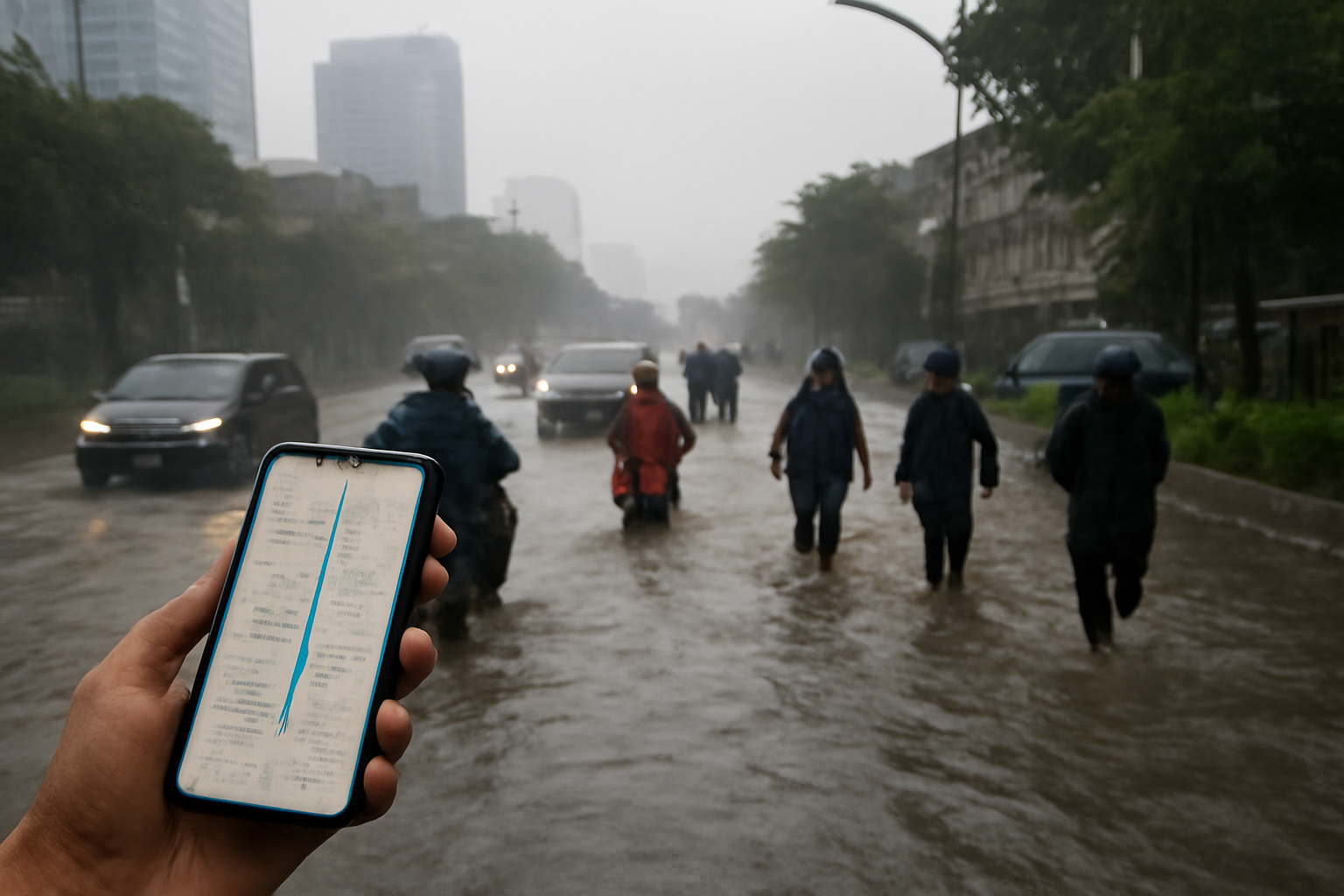 Warga Jakarta melintasi genangan air saat hujan deras sambil memantau berita banjir lewat ponsel